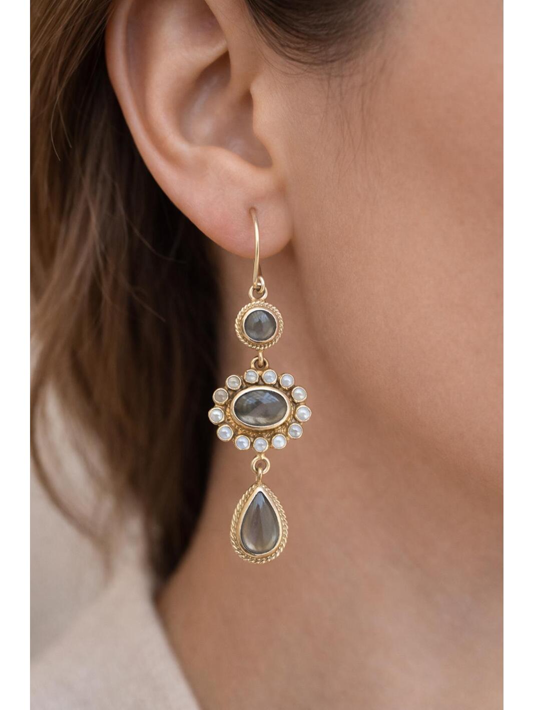 Anna Beck Drop Earrings Sterling Silver Gold Dot Labradorite Dangle